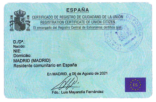 [IMAGE] Union Citizen Registration Certificate